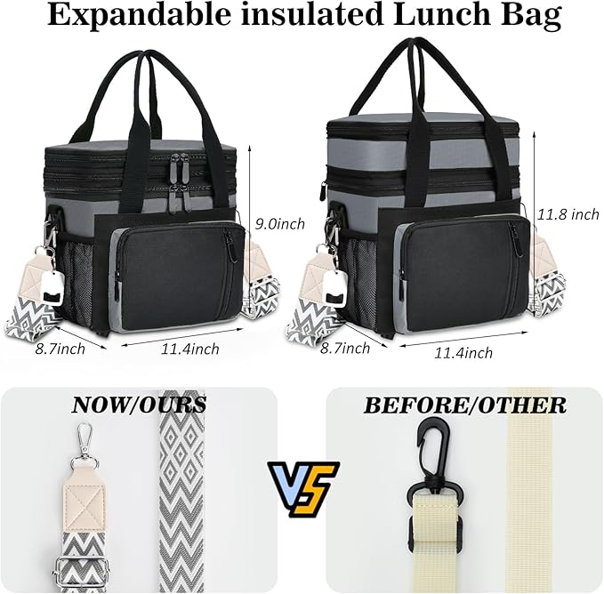 LOKASS Lunch Box for Men/Women-16L-Insulated Lunch Bag, Expandable Double-Layer Leakproof Cooler Bag with Upgrade Adjustable Shoulder Strap Ideal for Work/Travel/Picnics（Gray&Black）