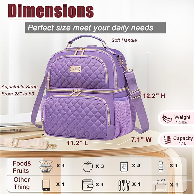 Weitars Lunch Bag for Women,Dual Compartment Lunch Box for Women Lunch Tote for Work,Insulated Leakproof Lunch Cooler Bag with Side Pockets and Adjustable Strap for Hiking,Picnic,Beach