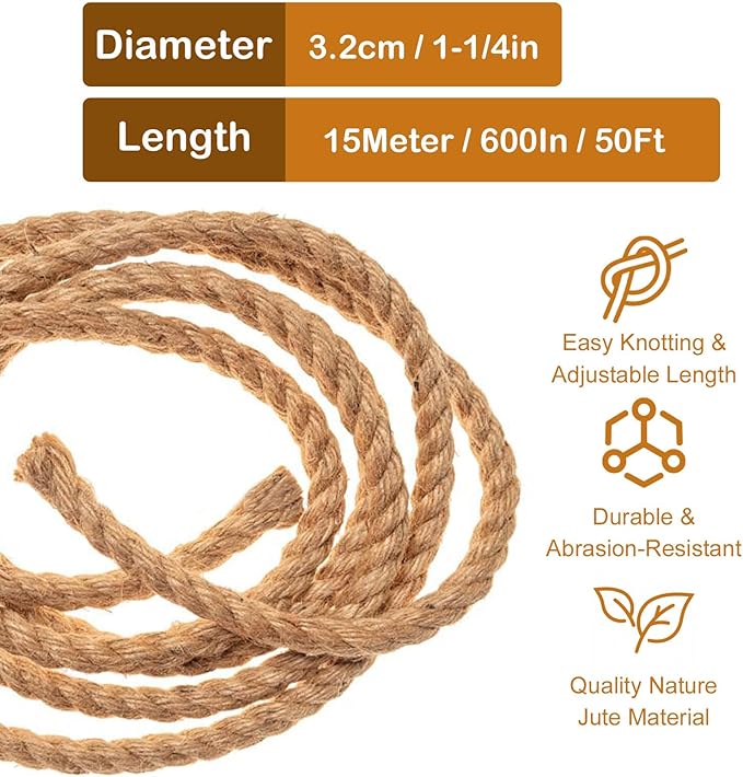 Thick Twisted Manila Ropes 1-1/4 inches x 50 feet Natural Jute Rope Heavy Duty Hemp Rope for Swing Bed, Crafts, Railing, Tug of War, Landscaping, Gardening, Bundling, Hammock, Home Decorating