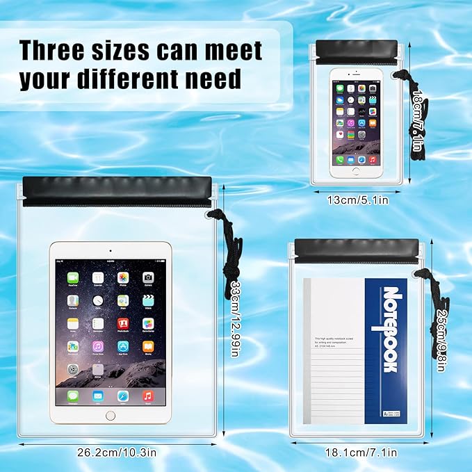 Meetory Clear Waterproof bags Pouch Dry Bags For Camera Mobile Phone Maps Kayak Document Holder,3 Piece Waterproof Plastic Pouch Document Holder Utility Bags for Travel Boating Swimming(Black)