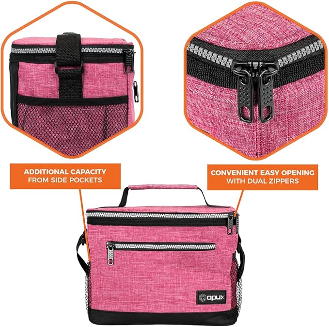 opux Insulated Lunch Box Men Women, Lunch Bag for Work School, Leakproof Soft Cooler Tote Adult, Large Lunch Pail Kids Boys Girls, Picnic Beach Food Bag with Shoulder Strap, Pink