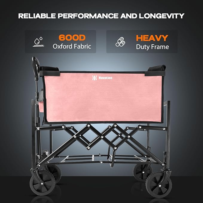 Navatiee Portable Foldable Collapsible Wagon with Wheels, 220lbs Weight Capacity Utility Grocery Shopping Cart, Lightweight Mini Folding Wagon for Outdoor, Pink