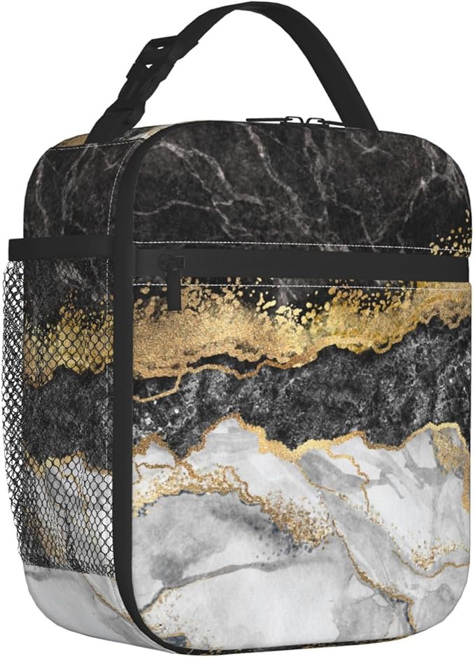 Black Grey Gold Marble Insulated Lunch Bag Reusable Cooler Lunch Box Portable Leakproof Thermal Container Tote Bags for Girls Boys School Travel