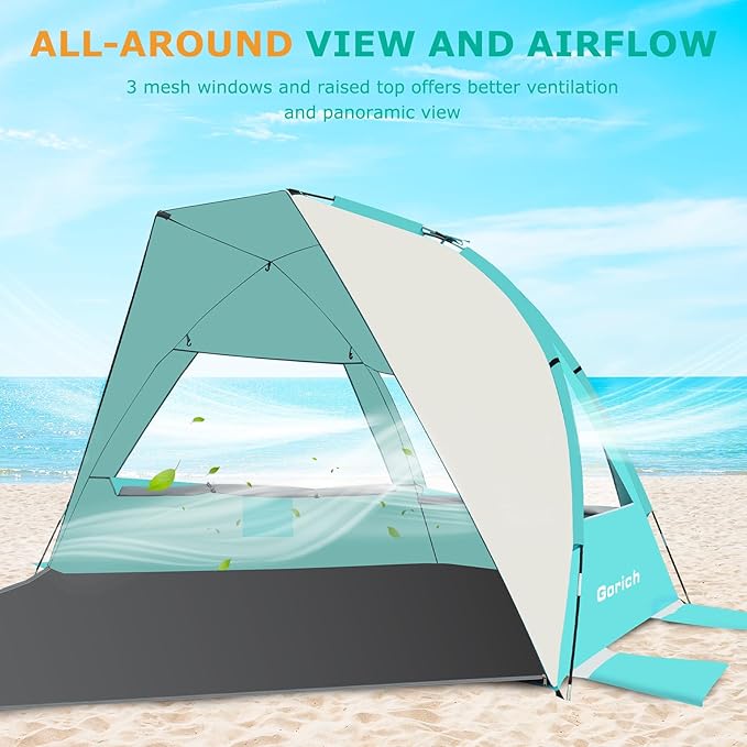 Gorich Portable Beach Tent for 3-7 Person with UPF 50+ UV Protection, Lightweight & Foldable Sun Shelter with 5 Sand Bags, Easy Setup Windproof Beach Umbrella Sun Shade