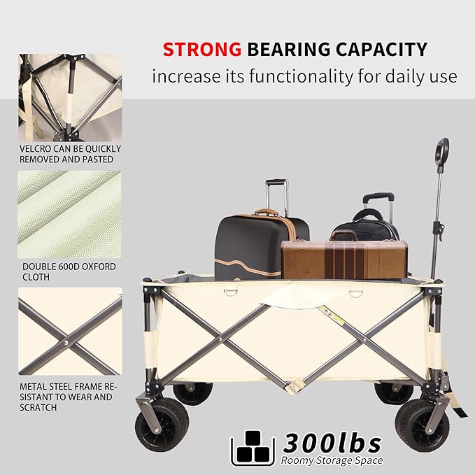 Collapsible Folding Wagon with Big Wheels,Heavy Duty Utility Beach Buggy Cart w/Adjustable Handle and Drink Holder,for Sand,Shopping,Camping,Garden,Outdoor,44.9",White