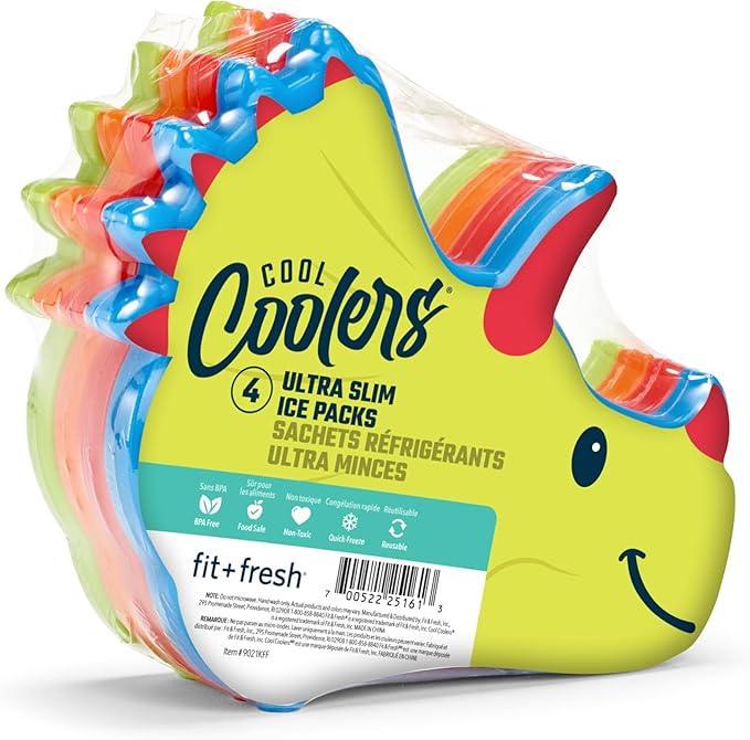 Cool Coolers Kids Lunch Box Ice Packs, Slim Ice Packs for Lunch Bags, Lunch Ice Packs Reusable-Multicolored 4 Pack (Dinosaur)
