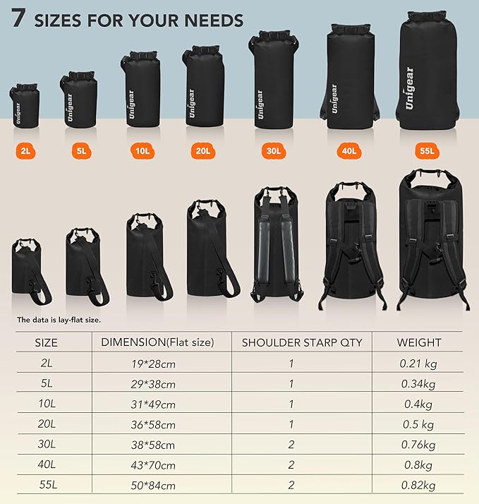 Unigear Dry Bag Waterproof, 2L/5L/10L/20L/30L/40L Floating and Lightweight Bags for Kayaking, Boating, Fishing, Swimming and Camping with Waterproof Phone Case