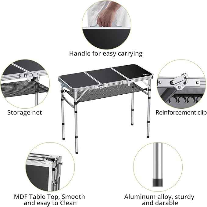 Folding Camping Table with Storage Net, 3ft Camping Table Aluminum Folding Table with 3 Adjustable Height Max 27.1 Inch Picnic Table Portable Table for Outdoor Backyard BBQ, Black