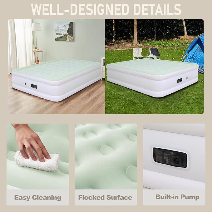 RAPTAVIS Queen Size Air Mattress Inflatable Bed with Built in Pump, 18in Blow Up Mattress for Bedroom, Green