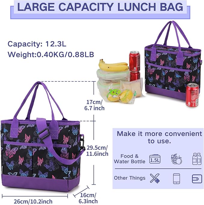 Lunch Bags for Women,VONXURY lnsulated Thermal Adult Lunch Box Large High-capacity Cooler Lunch Tote with Detachable Shoulder Strap for Work College Travel Picnic (Black Butterfly)