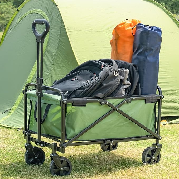 Collapsible Wagon Cart Heavy Duty Foldable, Large Capacity Foldable Grocery Beach Wagon for Camping Sports Shopping, Green