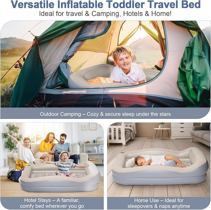 Inflatable Toddler Travel Bed – Portable Toddler Bed with Safety Bumpers, Toddler Floor Bed for Travel, Camping, Sleepovers – Kids Blow Up Bed with Pump & Carry Bag