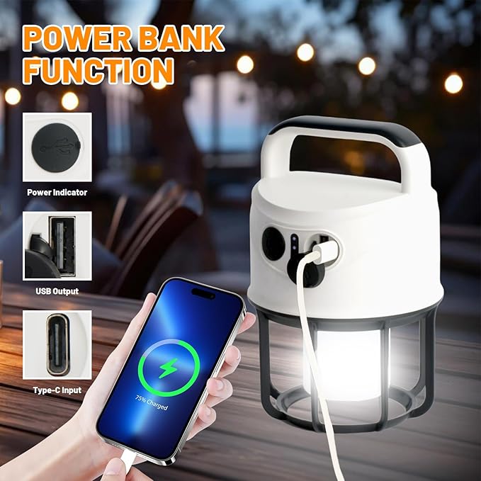 Camping Lantern with Flashlight Rechargeable, Power Bank, IPX4 Waterproof, USB-C Cable LED Camping Tent Light for Spotlight, Camping, Hiking, Hurricane, Emergency
