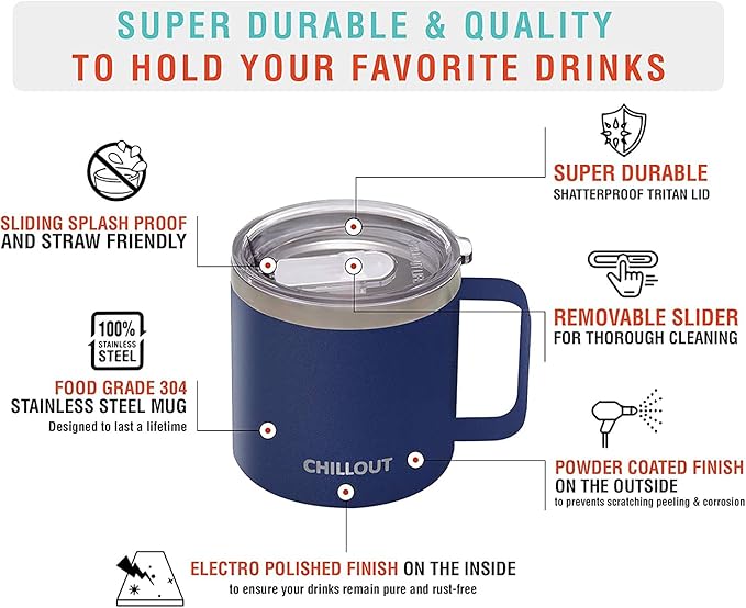 CHILLOUT LIFE 16 oz (Set of 2) Stainless Steel Vacuum Insulated Coffee Mug with Handle and Lid, Large Thermal Camping Coffee Mugs with Sliding Lid for Men & Women