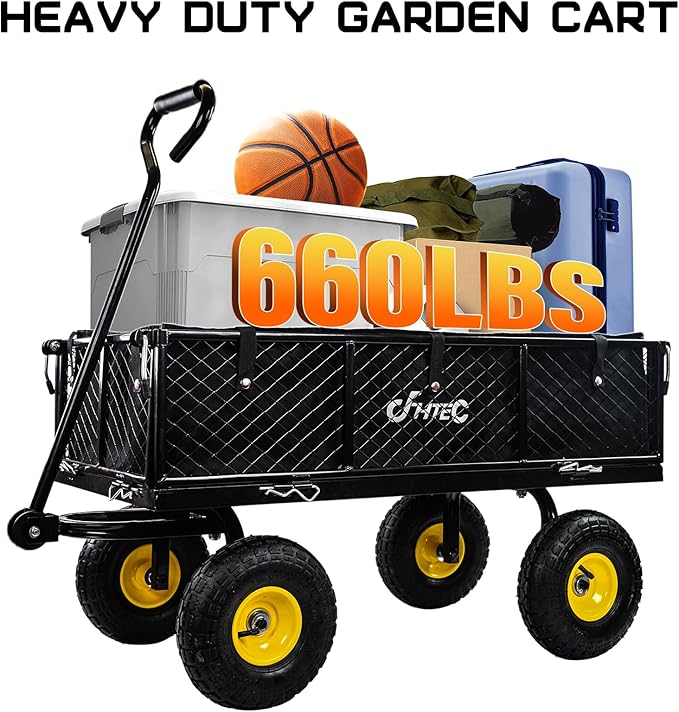Garden Cart Heavy Duty 300KG Utility Wagon Cart with Removable Black Mesh Sides, Great for Garden, Farm, Yard, Lawn, Deformable Steel Garden Wagon Cart with 10" 3.50-4 Wheels and Oxford Liner