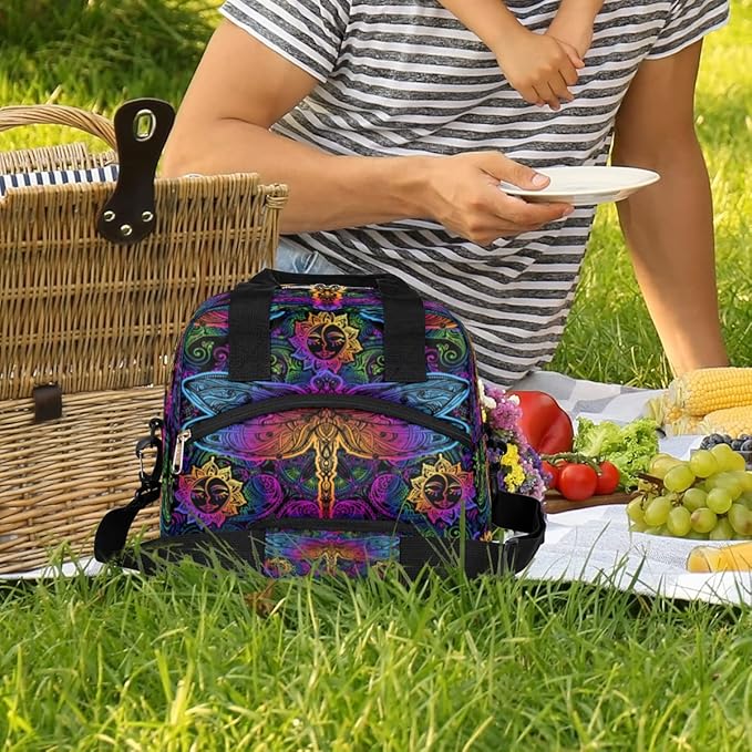 Bohemian Colorful Insulated Lunch Bags for Women Men Ethnic Dragonfly Reusable Lunch Box Shoulder Strap Tote Lunch Bag Cooler Thermal Bag for School Work Travel Office Picnic Girls Boy Adult