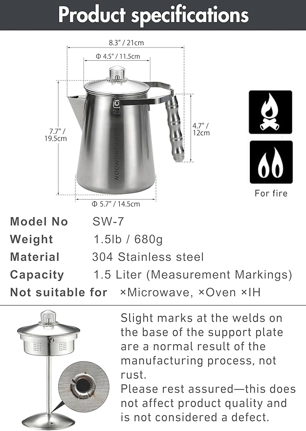 camping moon Stainless Steel Coffee Percolator Pot 1.5L (8 Cups) – Durable One-Piece Body, Gooseneck Spout & Removable Lid – Perfect for Camping & Outdoor Use SW-7