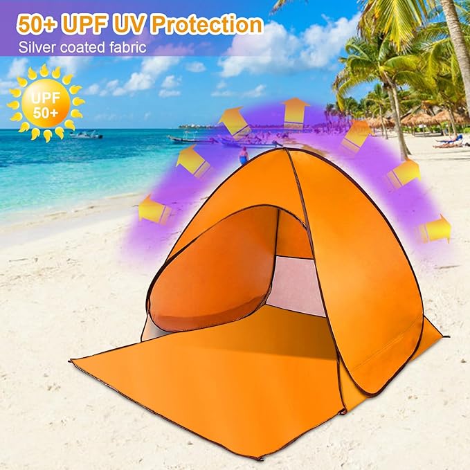 Pop Up Beach Tent for 2-3 Person, UPF50+ Anti-UV Sun Shelter w/Storage Bag, Portable Waterproof Instant Sun Shade Canopy for Outdoor Beach Camping Hiking Travel Family, Orange