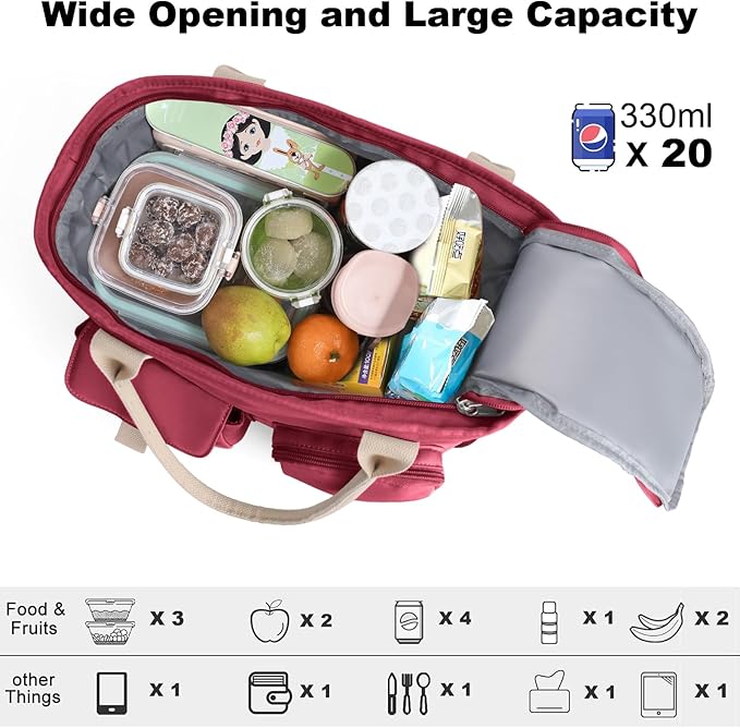 Hafmall Large Insulated Lunch Bag for Adults, Wide Opening Insulated Bag with Shoulder Strap,Loncheras para Mujer, Reusable Adult Lunch Tote Bag For Work, Picnic(Red)