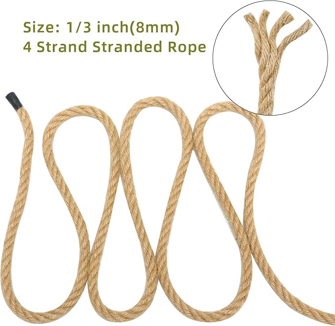 Hemp Rope, 1/3 Inch, 100 Feet - Twisted Jute Rope for Deer, Tug of War, Nautical Crafts, Home Decor, Gardening, Bundling, DIY Ornaments