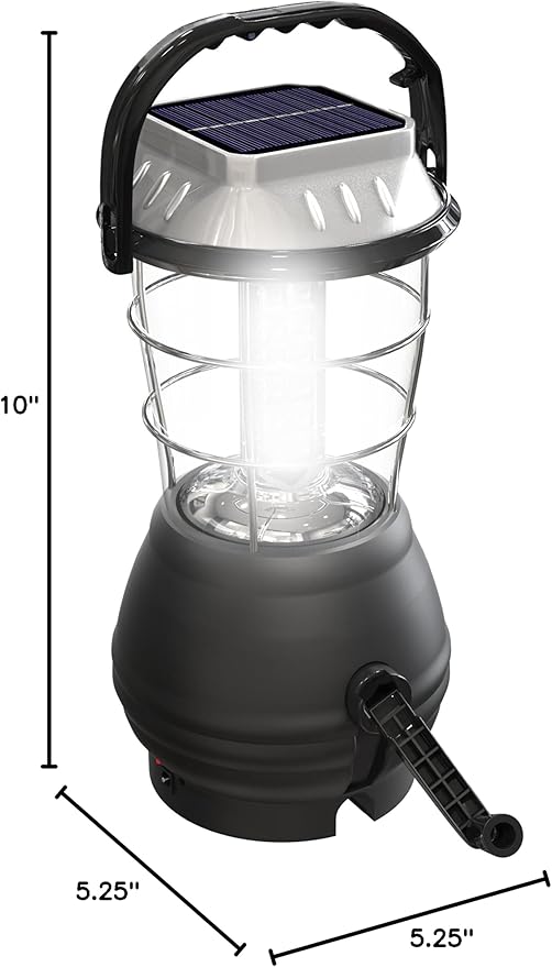 Dynamo Hand Crank Solar Powered Lantern - Battery-Operated or Rechargeable LED Light with Adjustable Settings for Camping by Whetstone (Black)
