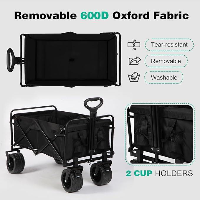 MMQ Heavy-Duty Folding 550 Lbs Collapsible Wagon with Big Wheels - Robust Construction, Spacious Interior, Adjustable Rolling Carts, Outdoor Folding Camping Wagons, Portable Utility Cart (Black)