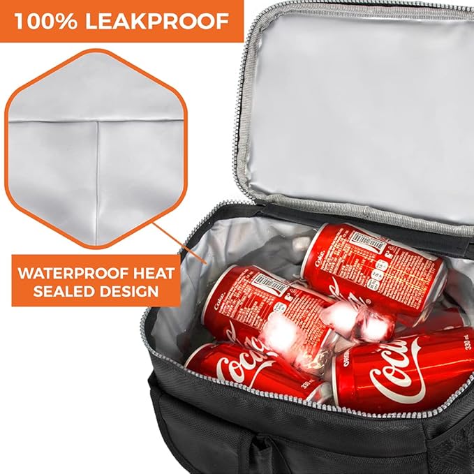 opux Insulated Lunch Bag for Men Women, Leakproof Black Lunch Box for Work, Portable Soft Lunch Cooler Bag with Shoulder Strap, Adult Lunchbox Lunch Pail for Kid Boy Girl School, 18 Can/10L