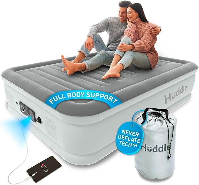 Huddle® Luxury Never Deflate Full Air Bed with Patented Dual Pump SlumberGuard™ Premium Technology | Inflatable Mattress with Built-in Pump | Comfortable Inflatable Mattress