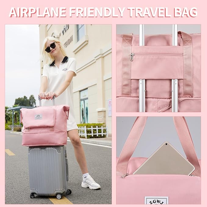 Expandable Travel Duffel Tote Bag - Foldable Overnight Weekender, Carry-On, Swim & Gym Bag - Fits Spirit Airlines Personal Item Size - Lightweight, Waterproof & Durable with Trolley Sleeve, Light Pink