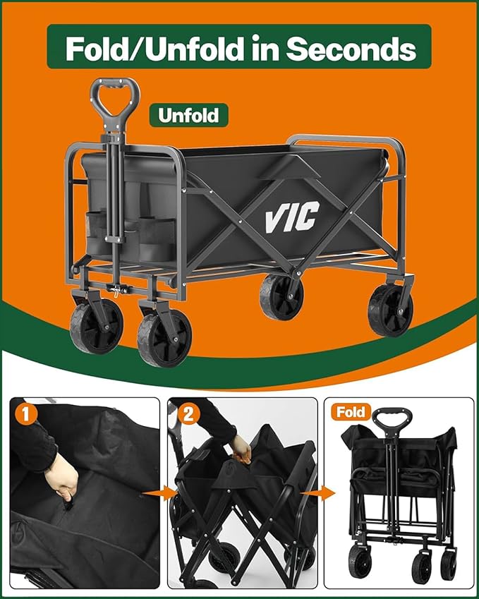 VIC Beige Collapsible Folding Wagon, Beach Wagon Cart Heavy Duty 170LBs Foldable, Utility Grocery Wagon with Side Pocket for Camping Garden Sports, L4