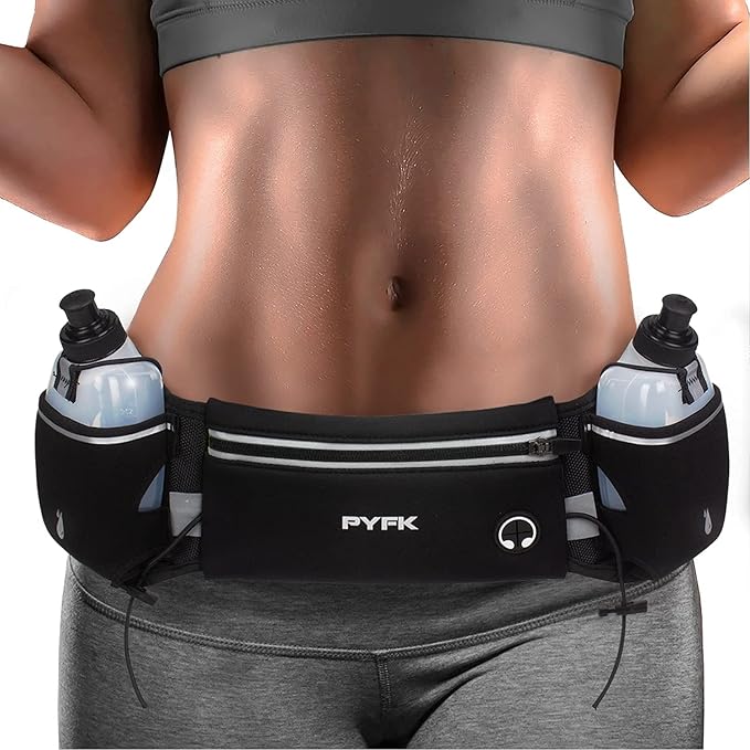 PYFK Upgraded Running Belt with Water Bottles, Hydration Belt for Men and Women, Water Bottle Holder Running Pouch Belt, Fanny Pack Fits 7 inches Phones, Waist pack for Running Hiking Climbing