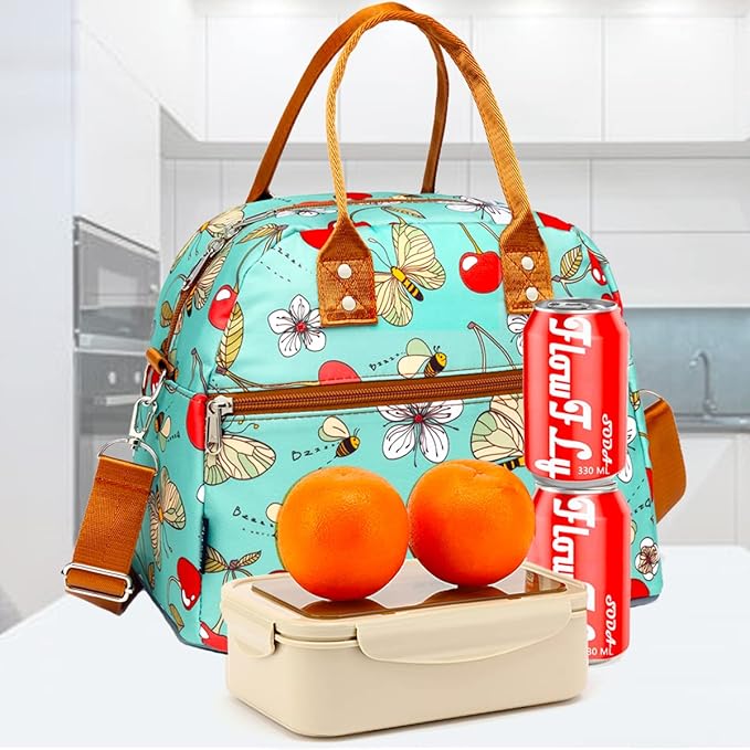 FlowFly Insulated Lunch Bag With Shoulder Strap for Women, Men, and Kids, Large and Reusable, Handle, Freezable Work and School Travel Tote and Meal Prep Organizer,Turquoise Cherry
