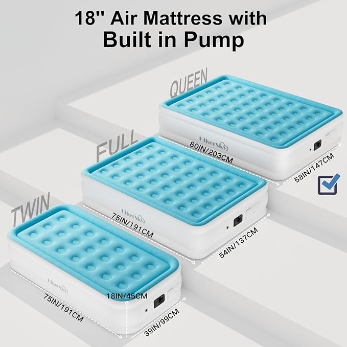 Queen Air Mattress with Built-in Pump, Air Bed with Portable Storage Bag, 18'' Blow up Mattress Suitable for Home and Guests, Top Flocking, 18" Queen Blue