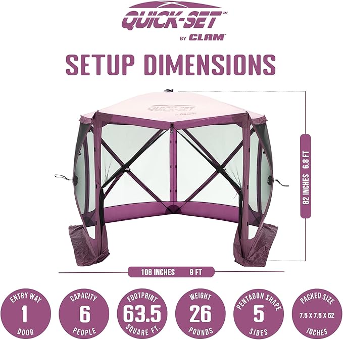 CLAM Pop Up Screen Tent, Outdoor Camping Gazebo Canopy, Venture, 9' x 9', Plum