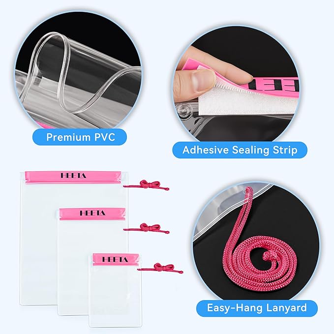 HEETA 5-Pack Clear Waterproof Dry Bag, Water Tight Cases Pouch Dry Bags for Camera Mobile Phone Maps, Kayaking Boating Document Holder