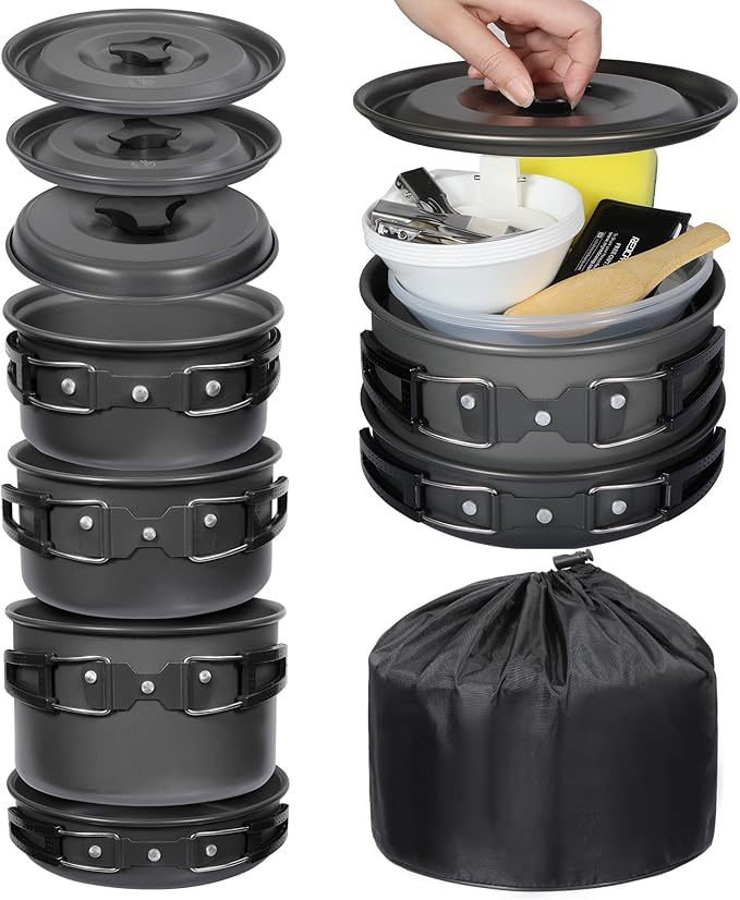 REDCAMP 12/14/15/19 PCS Camping Cookware Mess Kit Camping Gear Campfire Utensils Lightweight Stackable Pot Pan Bowls Soup Spoon with Storage Bag for Camping, Backpacking, Outdoor Cooking, Picnic