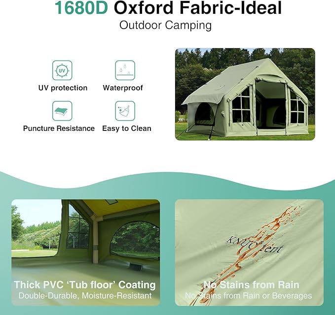 2025 Upgraded 100% Waterproof Inflatable Camping Tent, Large Blow-Up Air Tent, No Assembly Needed Luxury Glamping House, Oxford Fabric