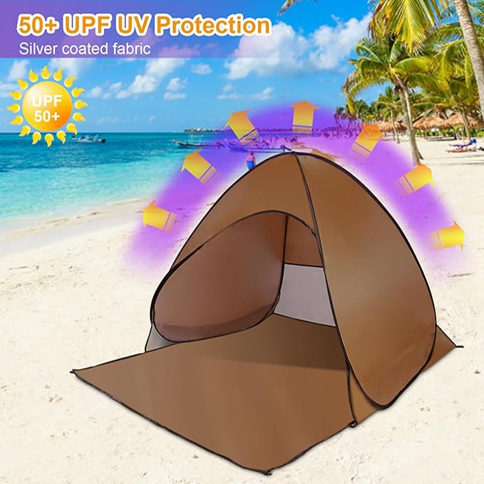 Pop Up Beach Tent for 2-3 Person, UPF50+ Anti-UV Sun Shelter w/Storage Bag, Portable Waterproof Instant Sun Shade Canopy for Outdoor Beach Camping Hiking Travel Family, Coffee