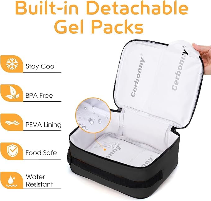 Cooler Lunch Box with Detachable Ice Packs - Freezable Insulated Cooler Bag for School/Work