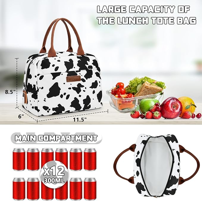 LOKASS Lunch Bag for Women/Men-Insulated Adults Lunch Box with Front Pocket- Small Cute Lunch Tote for Work-Reusable Cow Print Cooler Bag for Office Picnic Beach or Travel