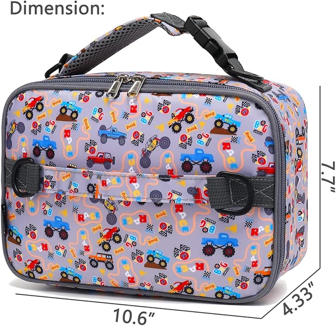 FlowFly Kids Lunch Bag, Durable Insulated School Lunch Box with Shoulder Strap and Bottle Holder, Water-resistant Thermal Small Lunch Cooler Tote for Teen Boys & Girls,Truck