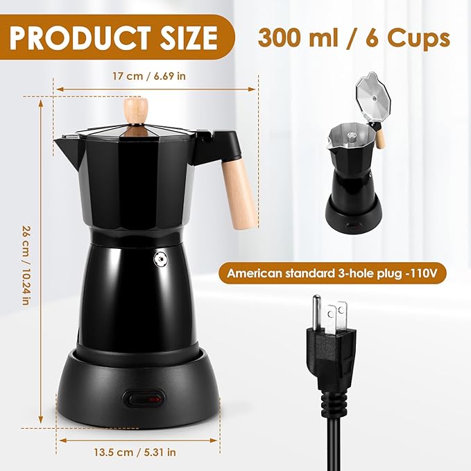 SHANGSKY Coffee Pot Electric Coffe Maker 6 Cup, Espresso Coffee Maker Cafeteras Electricas Italian Coffee Pot Espresso Makers Portable Aluminum Electric Mocha Pots (Wooden Handle,US 3-pin Plug)