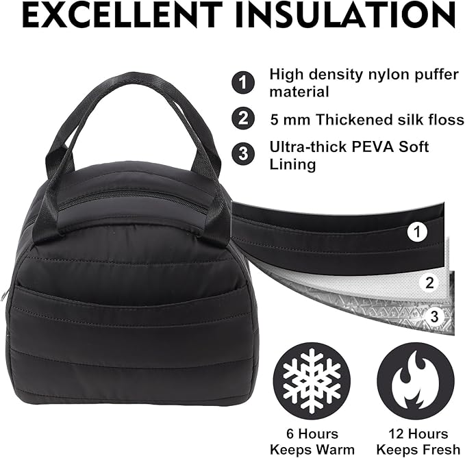 Lunch Bag Lunch Box for Women Men Adult Insulated Cute Small Quilted Puffer Lunchbox Reusable Thermal Lunch Cooler Tote Bag for Work, Picnic or Travel-Black