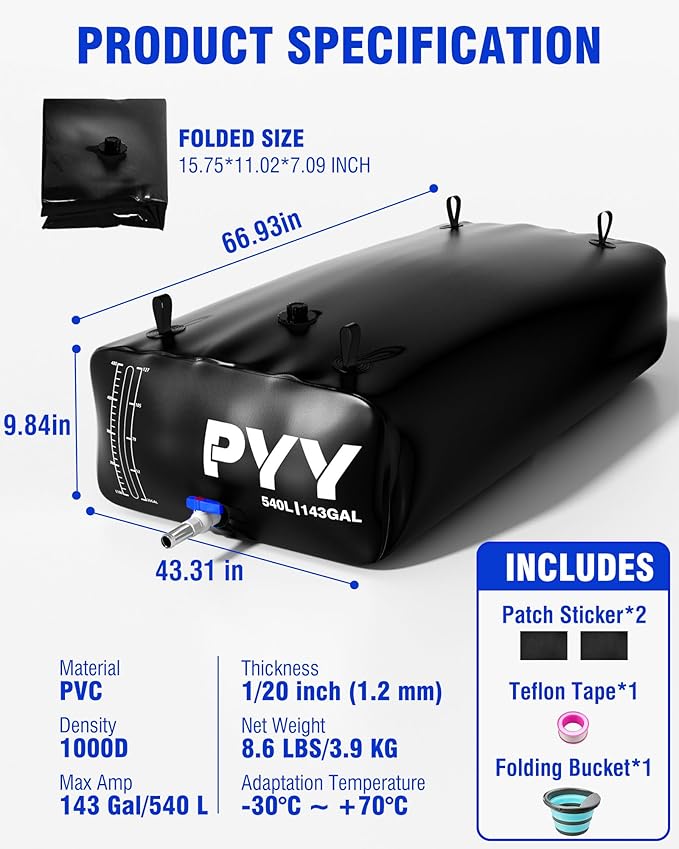 PYY Portable 143 Gallon Water Bladder - Truck Bed,Carrier Cart, Large Water Bob Bathtub Emergency Water Bladders for Outdoor RV & Car Camping,Water Storage Bladder with Spigot,Overflow Kit-Black 540L
