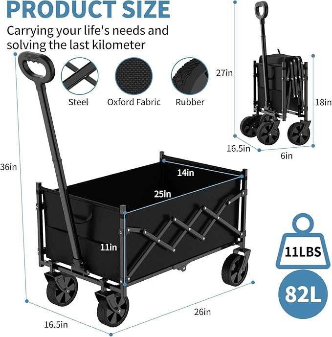 Collapsible Wagon Cart with 360lbs Weight Capacity, Lightweight Portable Foldable Wagon Cart with Wheels, Large Capacity Utility Wagon for Garden, Sports, Shopping, Grocery, Camping