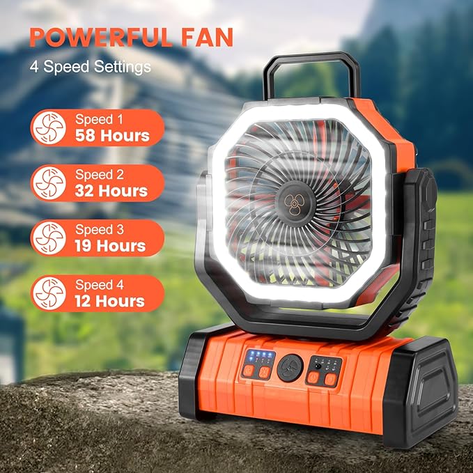 Odoland 30000mAh Camping Fan with LED Lantern, Rechargeable Battery Operated Oscillating with Remote Hook Stroage Bag, Portable Tent Fan with Timer, 4 Speeds for Outdoor RV Jobsite Power Outage,Orange