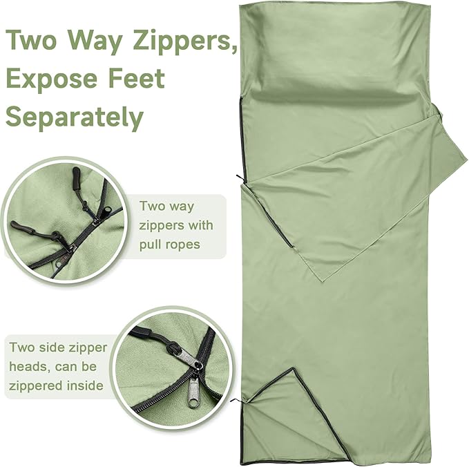 Sleeping Bag Liner, Self Tan Sleep Sack, Adult Sleep Sack, Two-Way-Zipper Expose Feet Separately, Portable Single Camping Travel Sheets for Hotel,Hostels,Business Trips