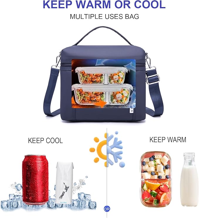 NOL Natural Organic Lifestyle Insulated Lunch Bags for Women Cooler Bag Lightweight Nylon Waterproof Lunch Box For Work (Navy blue, Medium(normal))