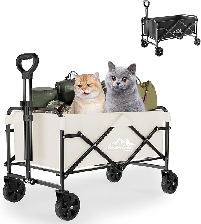 Collapsible Wagon Cart with 5" Removable 360° Swivel Wheels & Adjustable Handle, 220lbs Load Capacity, Dual Detachable Oxford Covers (White+Black)， MDF Base, All-Terrain Portable Utility Cart