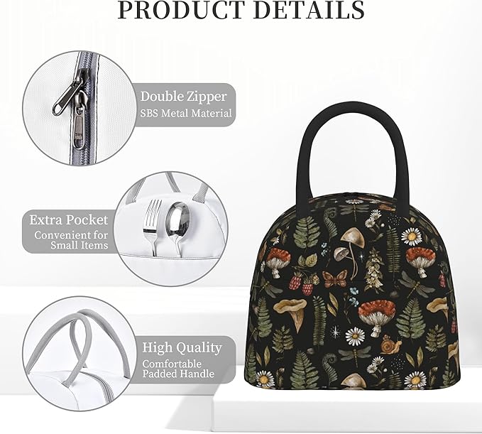 Mushroom Lunch Bag Lunch Box for Women Men Boys Girls, Reusable Insulated Lunch Tote Bag, Leakproof Thermal Cooler Sack Food Handbags High Capacity for Work School Picnic Camping Gifts